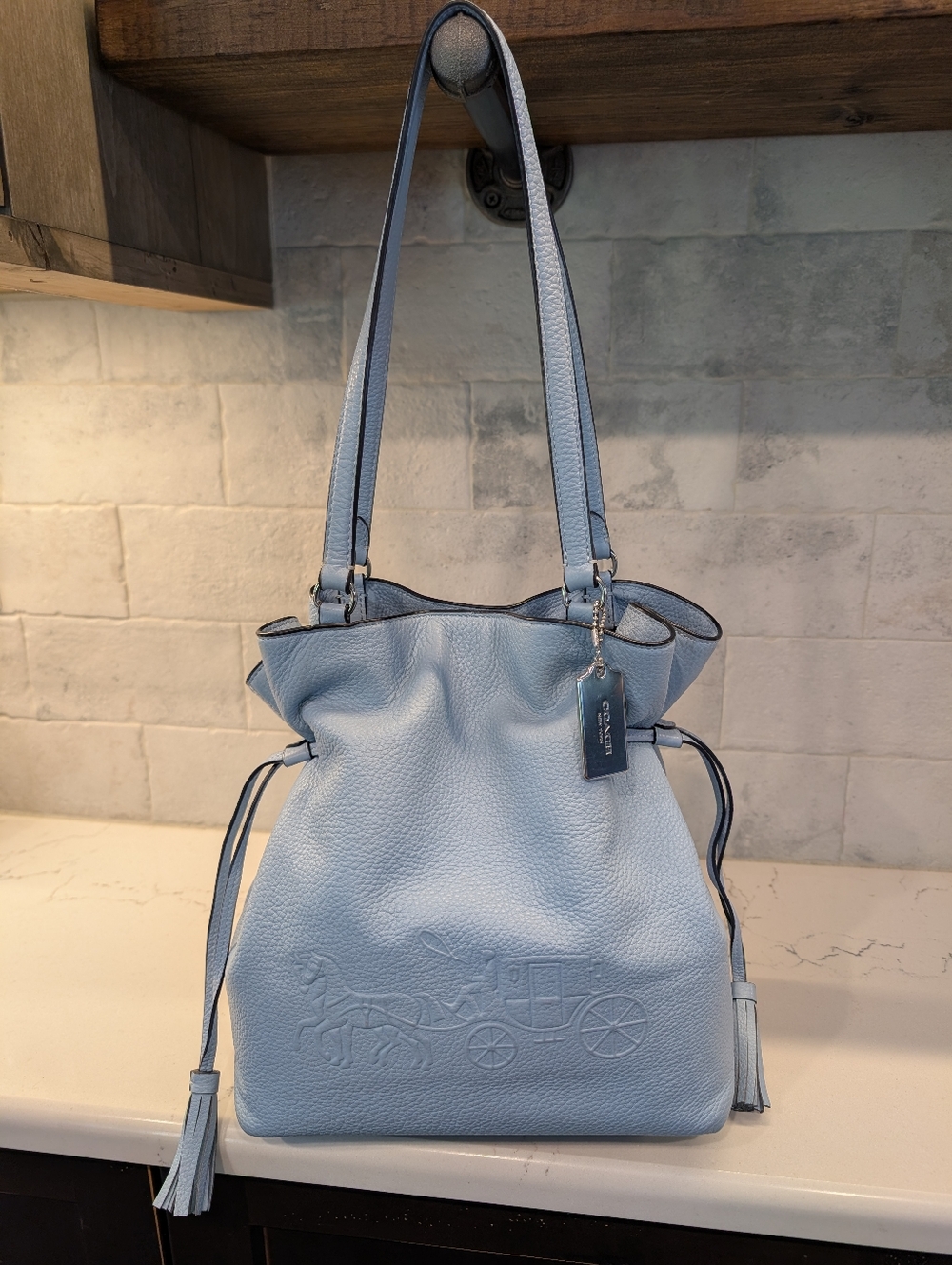 Coach Andy Tote w/Horse & Carriage Shoulder Bag - GUC - Blue 11.75x11.25x5.5 In